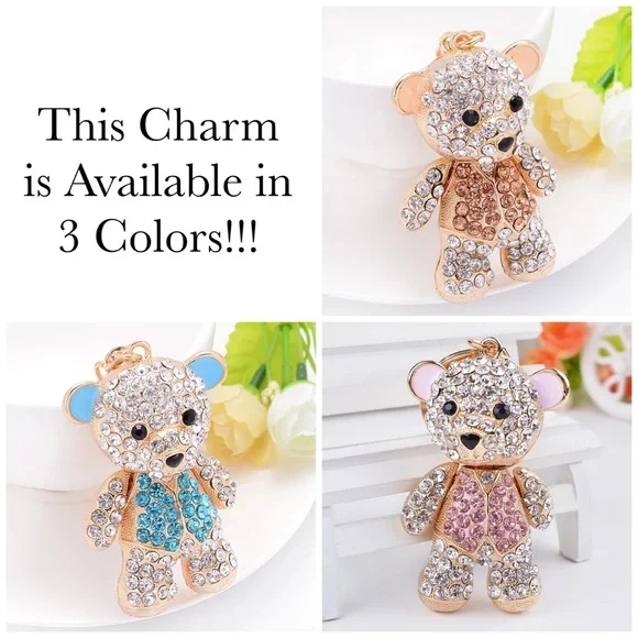 Pink and Silver Crystal Teddy Bear Keychain Charm - Picture 12 of 13